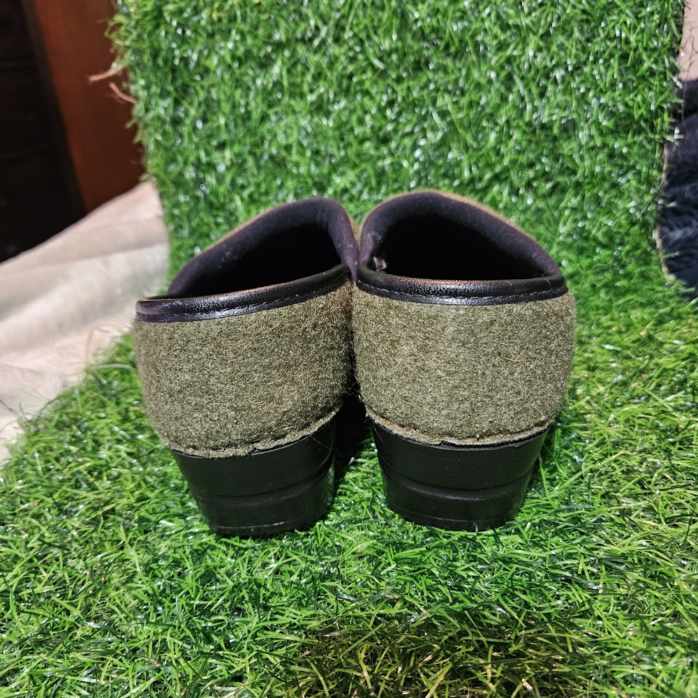 Dansko Olive Green Wool Slip-On Mules with Leaf Stitching - Picture 8 of 13